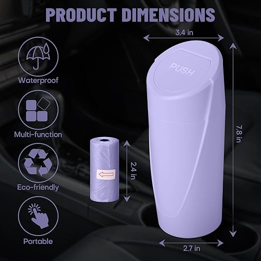SGLRT Car Trash Can Bin with Lid - Car Garbage Can Cup Holder - Light Purple Mini Leakproof Vehicle Garbage Bin with 20pcs Trash Bags-Automotive Organizers and Storage for Front Back Seat Accessories
