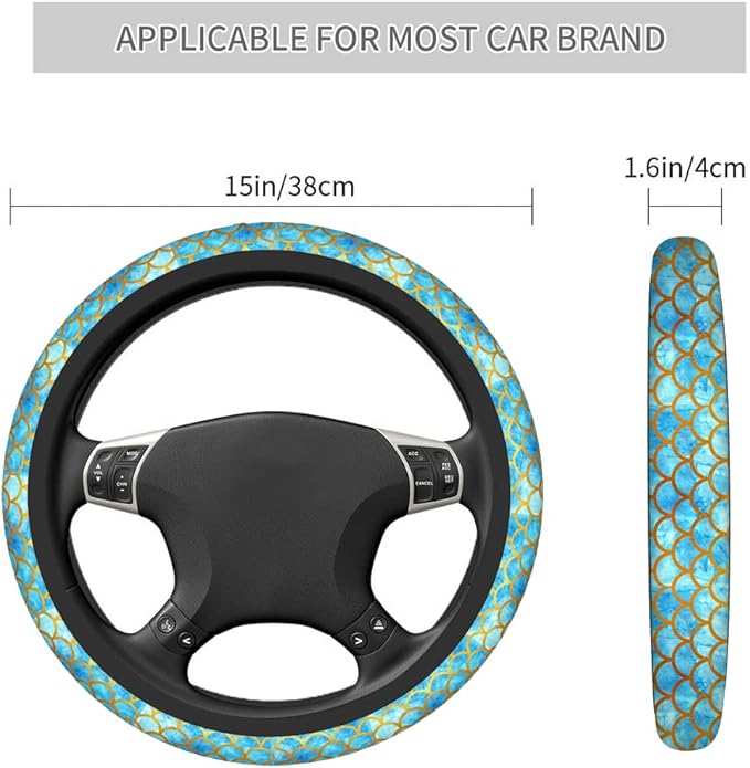 Swono Automotive Steering Wheel Covers Mermaid Scales Watercolor Blue and Gold Fish Scales Neoprene Car Wrap Cover Stretch-On Fabric Breathable Universal 15 Inch for Women Men