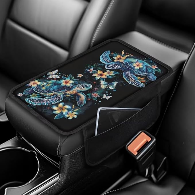 Boatee Flower Turtle Arm Rest Cover for Car Console Organizer Auto Center Console Cover Armrest Mat for Car Console Cushion Comfortable Interior Protector Automotive Armrest Seat Box Protector Black