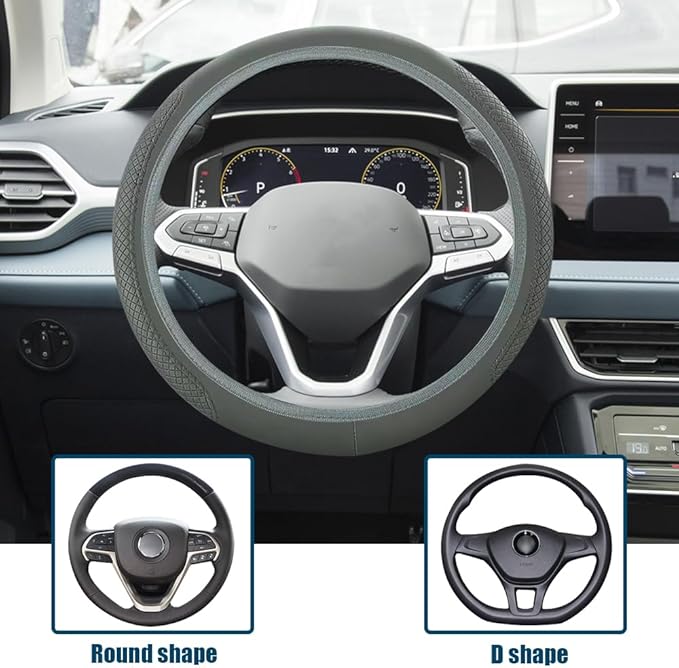 Car Steering Wheel Cover, Universal 14.5-15 Inch Gray Leather Steering Wheel Wrap with Better Sport Grip for Men Women, Anti-Slip Breathable Car Interior Accessories for Most Vehicles (Gray)