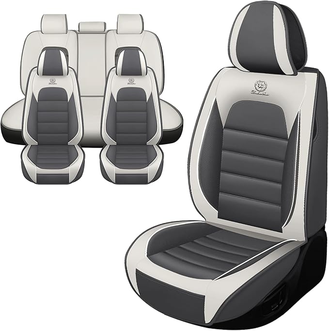 Iceleather Car Seat Covers for Ford Edge 2007-2025,Waterproof Soft Breathable PU Leather Seat Cover with Storage Pockets(Gray&White,Full Set)