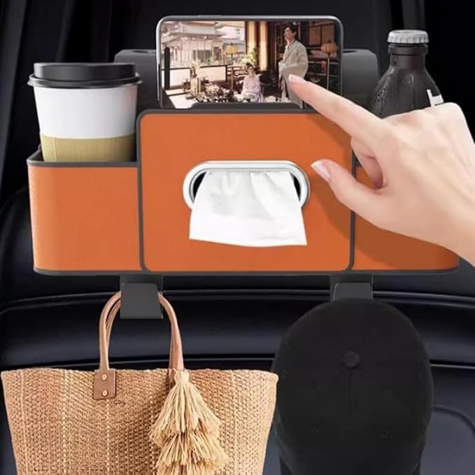 4-in-1 Car Backseat Organizer, Multifunctional Car Seat Back Storage Box with Cup Holder Headrest Hook, Universal Cars Organizer Back Seat for Hold Phone,Snacks, Drinks, Handbag (White)