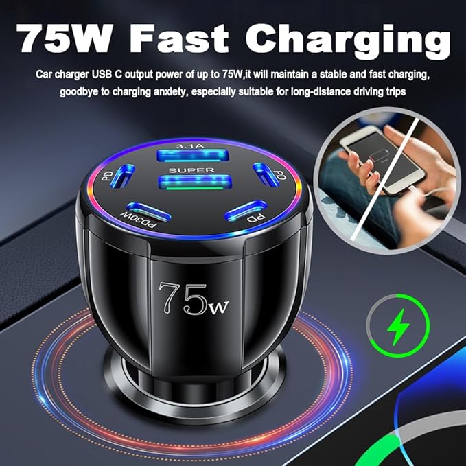 6 Port Car Charger USB C & USB A,75W Ultra-Fast Car Charger Adapter with Super/PD30W/PD/3.1A,Universal 12V/24V Cars Lighter USBs Adapter Cars Ports Chargers for Phone,Tablet