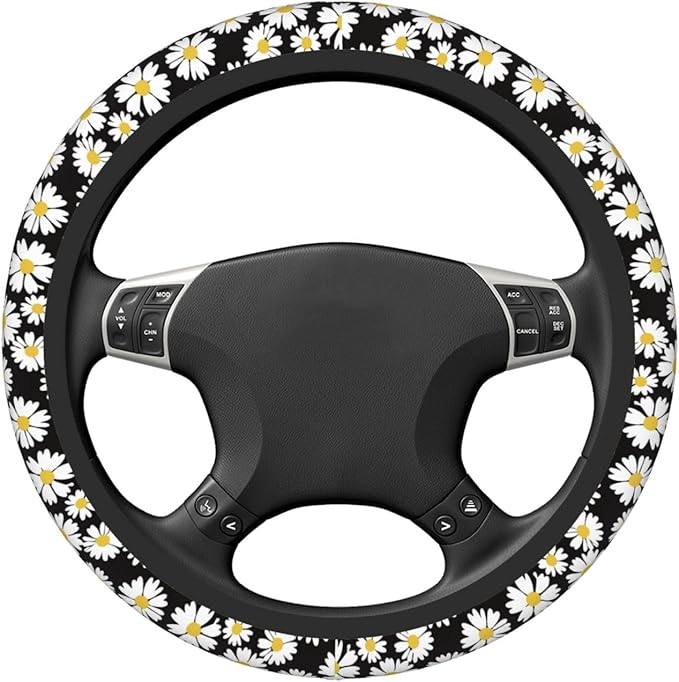 White Daisy Neoprene Steering Wheel Cover for Men Women Anti-Slip Elastic Steering Wheel Protective Cover 15in Universal Car Accessories Fit Cars, SUVs, Auto