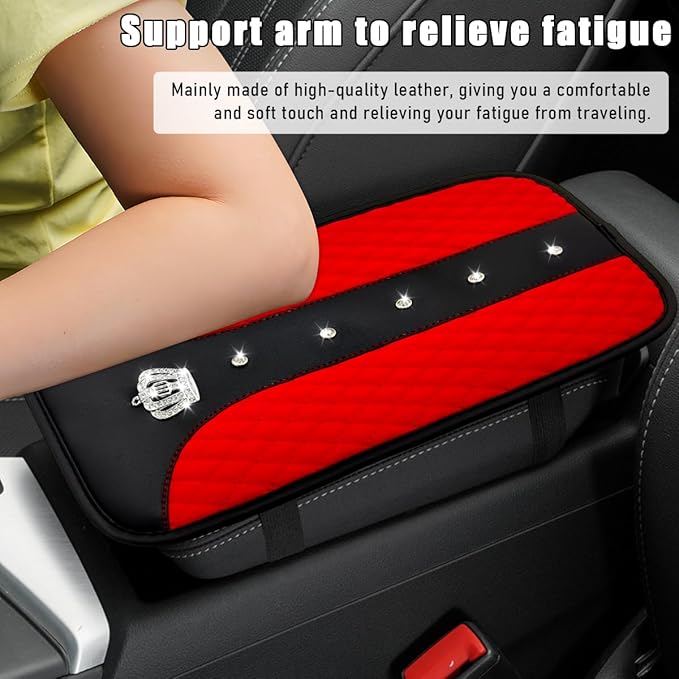 Bling Crown Car Center Console Mats, Anti-Slip and Waterproof Crystal Car Armrest Pad Protector, Universal Rustproof Armrest Decor Cushion for Cars & SUVs, Car Accessories (Red)
