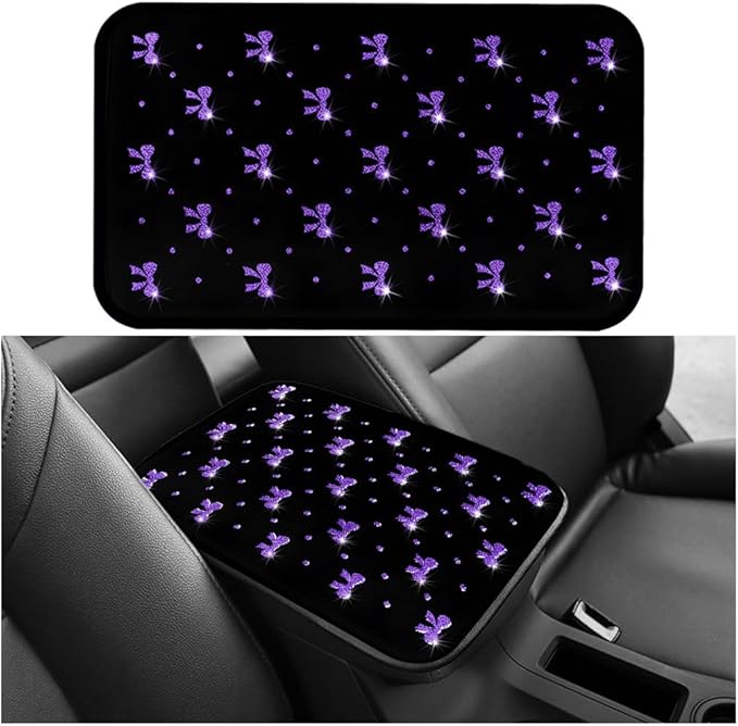 Car Center Console Cover, Waterproof Leather Bow Ribbon Vehicle Arm Rest Pad, Comfortable Automotive Interior Seat Box Armrest Protection Cushion Accessories, Universal Fit (Purple)