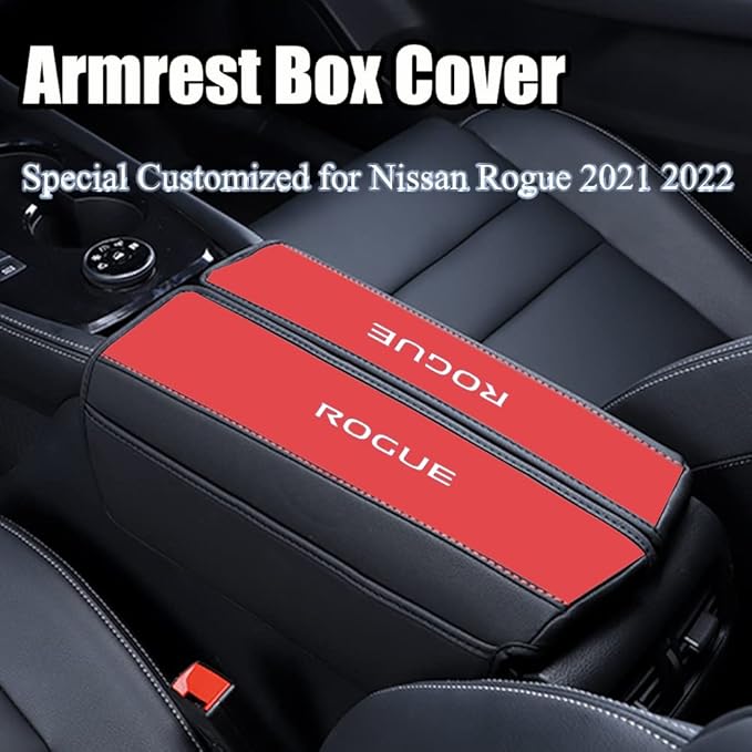 XITER 1PC Leather Center Console Armrest Cover with Side Pockets for Nissan Rogue 2021 2022 2023 2024 2025 2026 Accessories(Black+Red)