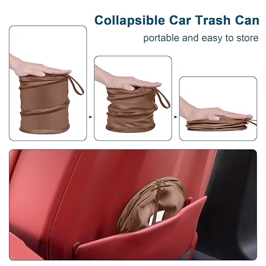 Kincown Car Trash Can, 2 Packs Mini Collapsible Car Trash Bin for Front Back Seat, Pop up Car Garbage Can, Portable Car Trash Bag Hanging for Vehicle SUV Rv Truck Accessories Interior, Brown
