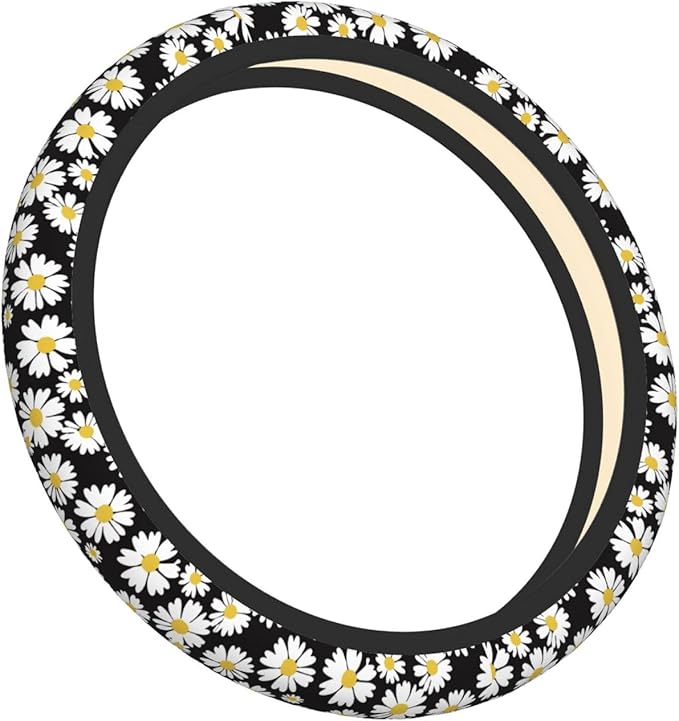 White Daisy Neoprene Steering Wheel Cover for Men Women Anti-Slip Elastic Steering Wheel Protective Cover 15in Universal Car Accessories Fit Cars, SUVs, Auto