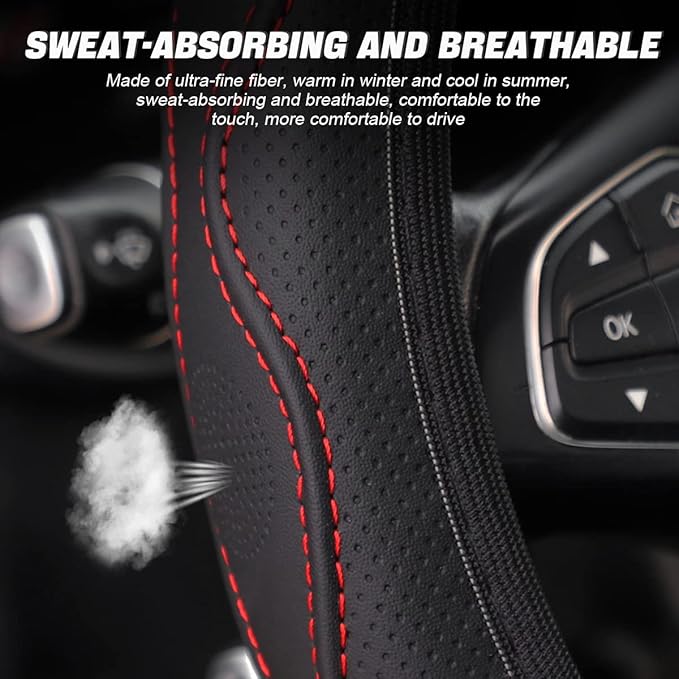 LoyaForba Car Steering Wheel Cover, Non-Slip Microfiber Leather Steering Wheel Cover, Breathable Vehicle Soft Handle Protector, Universal Automotive Interior Accessories for Women Men Girls (Red)