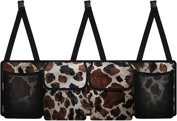 Brown Cow Print Car Trunk Organizer with 4 Pockets, Lightweight Car Storage Organizer Oxford Cloth (37.01"*11.8") Portable Car Storage Bag, Hanging Car Organizer for SUV/MPV/Truck/Van/Sedan