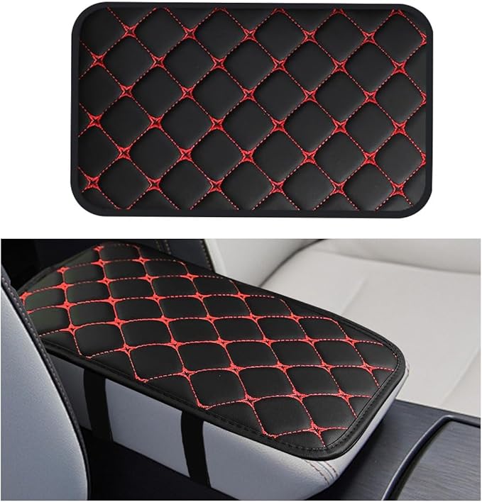 Car Center Console Cushion Pad, Comfortable PU Leather Vehicle Armrest Seat Box Cover, Waterproof Automotive Interior Arm Rest Protector Accessories, Universal Fit (Black/Red)