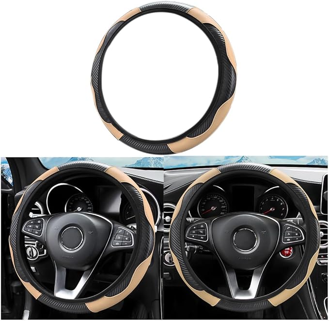 Car Steering Wheel Cover, Universal Microfiber PU Leather Elastic 15 inch Stitching Color Anti-Slip Steering Wheel Protector, Car Interior Accessories for Men Women (Black/Beige)