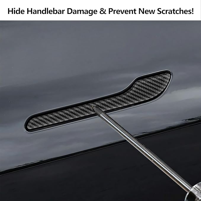 4PCS Tesla Model 3/Y Door Handle Cover Set (2017-2025) Highland & Juniper Compatible, Car Door Handle Sills Protection Wrap Exterior Accessories, Carbon Fiber 3D Sticker