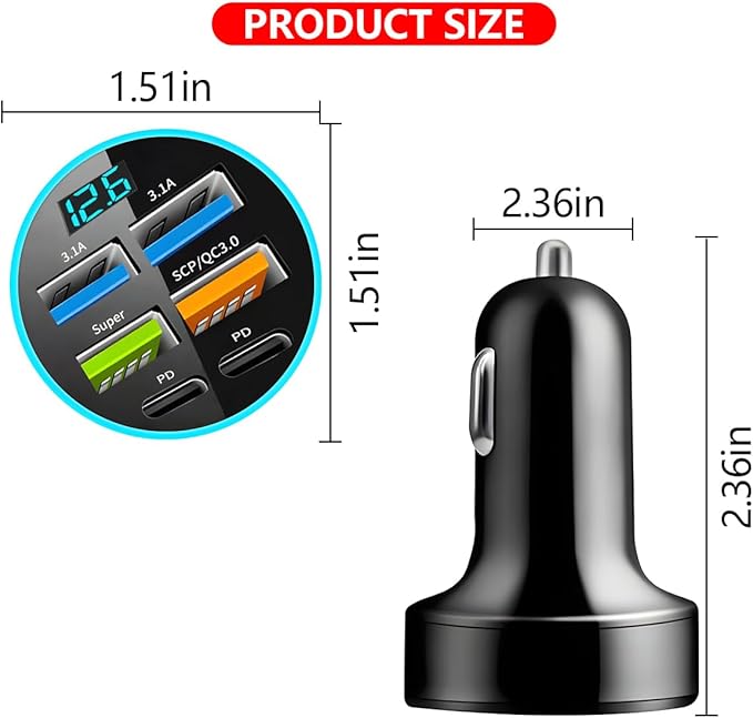 6 Ports 66W Car Charger, 12-24V Super Fast Charging with USB 3.1A PD&QC 3.0 with LED Voltmeter for Cigarette Lighter Plug, Compatible with All Smartphone, Universal Auto Accessories