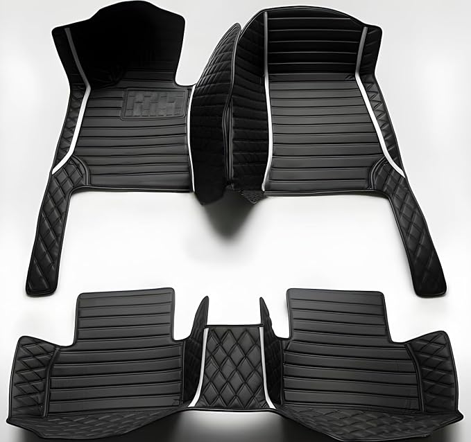 Custom Leather Car Mats, Vehicle-Specific Fit All-Weather Floor Mats, 100% Waterproof Anti-Slip Durable Protection for SUV Truck Sedan, Precision Tailored Protection (Black Splicing White Stripes)