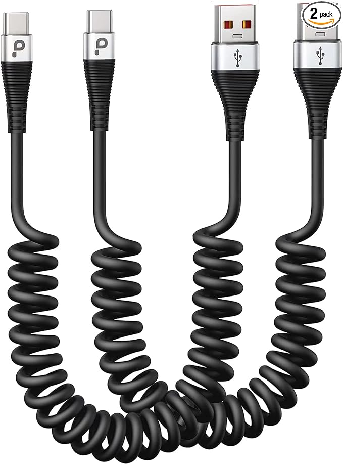 USB Type C Cable Fast Charging, 2Pack 5ft Coiled USB A to USB C Charge Cable for Car Android Auto Charging Cord Compatible with iPhone 17/16/15/Plus/Pro/Samsung Galaxy S20 S10 and More USB C Devices