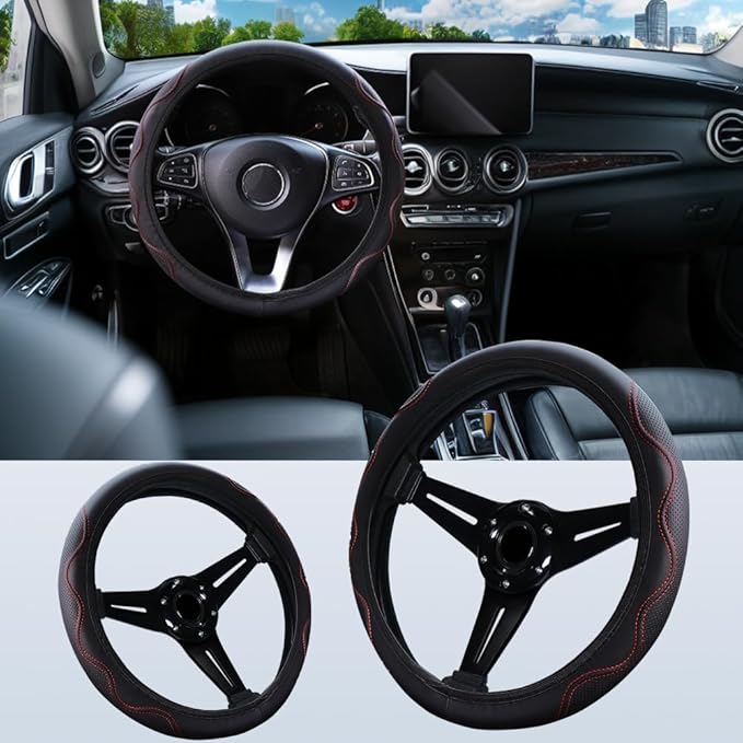 Elastic Steering Wheel Cover Universal 15 inch Steering Wheel Covers Soft Microfiber Leather Breathable Anti-Slip Durable Car Accessories Fit for Suvs, Vans, Trucks - Red