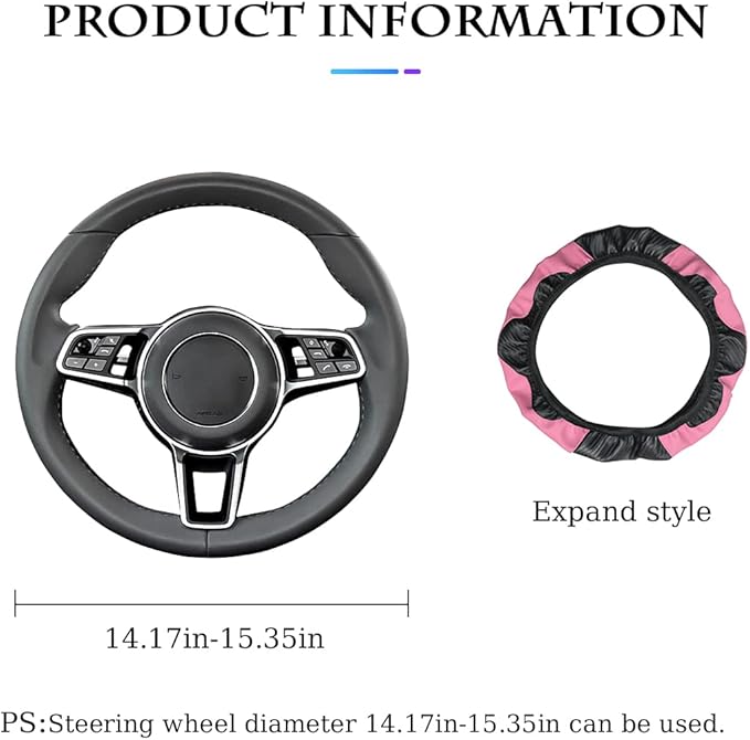 Car Steering Wheel Cover, Universal Microfiber PU Leather Elastic 15 inch Stitching Color Anti-Slip Steering Wheel Protector, Car Interior Accessories for Men Women (Black/Pink)
