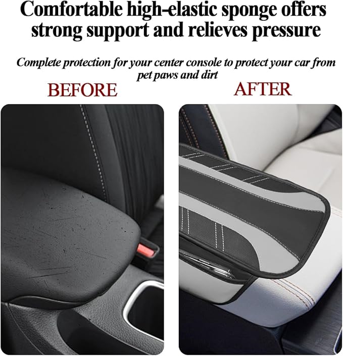 Car Center Console Cover, Soft Leather Sporty Armrest Protector Cushion with 2 Storage Pockets, Comfortable Auto Interior Middle Console Arm Rest Box Pad, Universal for Vehicles (Gray)