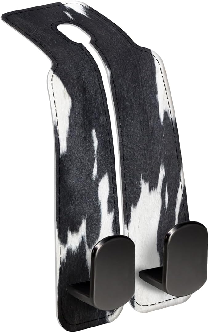 AXBSAKDI Car Seat Back Storage Headrest Hook, Premium Leather Double Metal Hook, Hanger Storage Organizer for Purse Cloth Bag, Car Interior Accessories Black White Cowhide