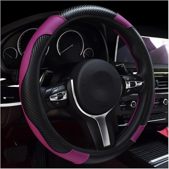 Car Steering Wheel Cover, 15 Inch Leather Breathable Auto Steering Wheel Protector, Comfortable Non-Slip Vehicle Steering Wheel Covers, Universal Interior Car Accessories (Black+Purple)