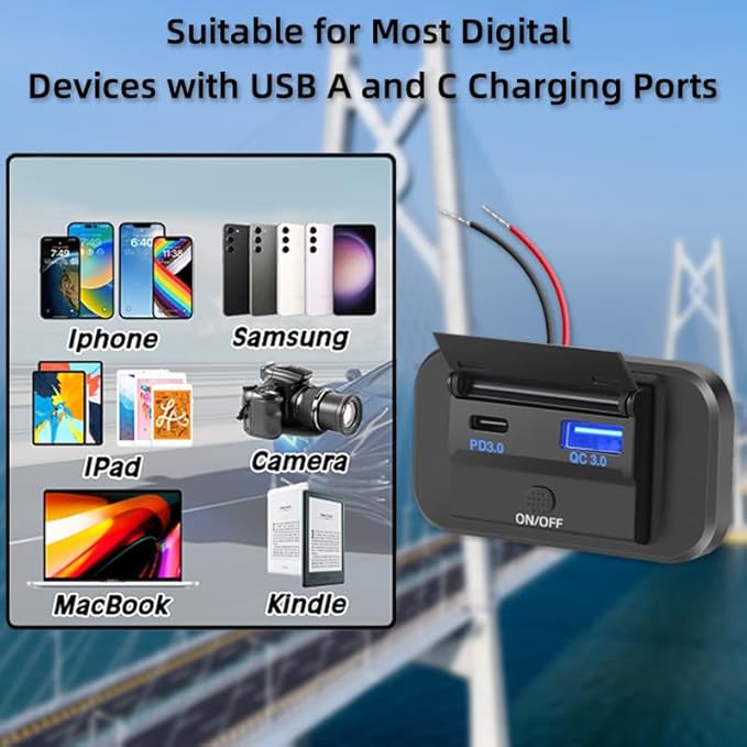 12V USB Outlet Panel Wall Mount,36W PD & 18W QC3.0 Multi Port Socket,Waterproof USB C Car Charger with Switch for RV Marine Motorcycle Truck Golf Cart