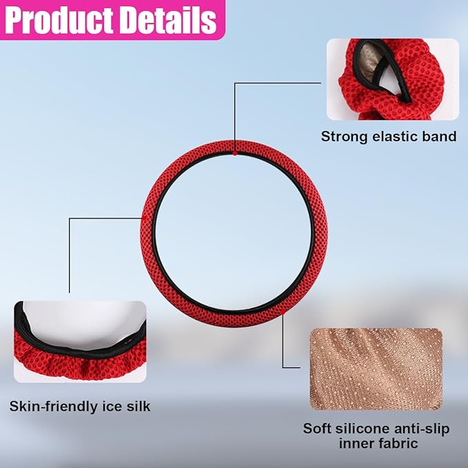 Elastic Stretch Steering Wheel Cover, Anti-Slip 15 inch Microfiber Odorless Breathable Ice Silk Car Steering Wheel Protector, Easy Carry, Warm in Winter & Cool in Summer (Red)