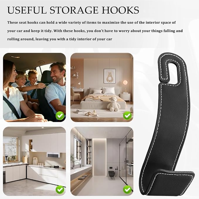 1PCS Purse Holder for Car, Purse Hook for Car, Leather Headrest Hooks for Automotive Back Seat, Auto Accessories Back Seat Organizer Hook for Grocery Bag Handbag Coat (Black, 1PCS)