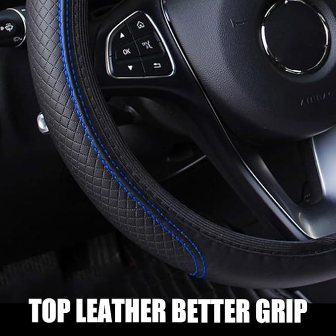 Car Steering Wheel Cover, Universal 14.5-15 Inch Black Leather Steering Wheel Wrap with Better Sport Grip for Men Women, Anti-Slip Breathable Car Interior Accessories for Most Cars (Black with Blue)