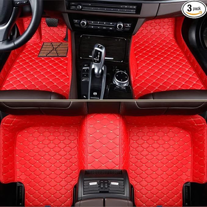 Custom Car Floor Mats Fit 96% Car Model Luxury Leather Waterproof Anti-Skid Full Coverage Liner Front Rear Mat/Set (Red Beige)