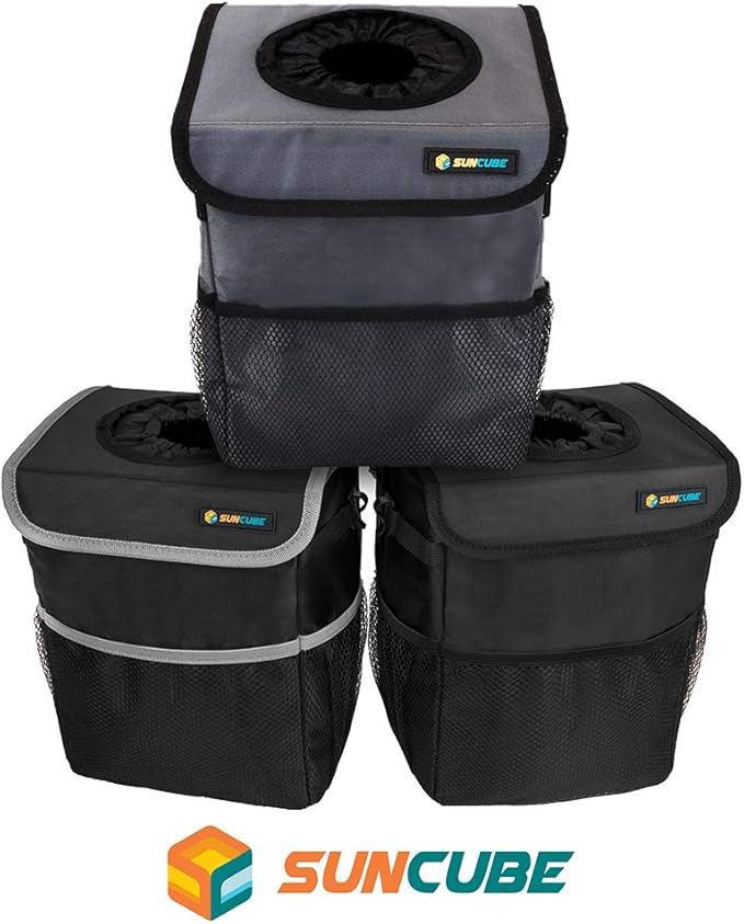 SUN CUBE Waterproof Car Trash Can with Lid, Mesh Pockets | Leakproof Car Garbage Can Hanging | Auto Trash Bin, Garbage Bag Organizer for Headrest, Console, Truck (Black/Gray)