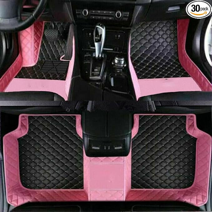 Custom Luxury Leather Car Floor Mats Upgrade Your Car's Interior All-Weather Protection for Cars, SUVs, Trucks Compatible with Automotive Mats (Pink+Black beig)