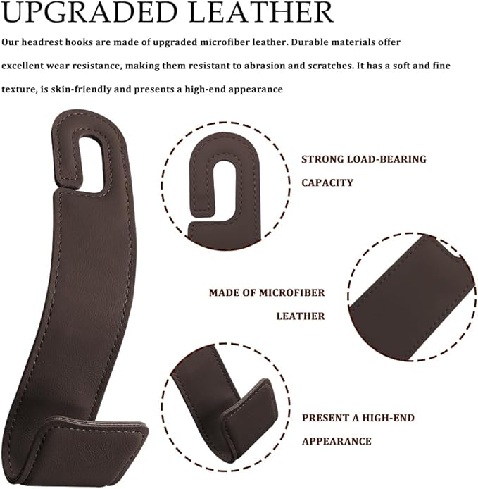 2PCS Purse Holder for Car, Purse Hook for Car, Leather Headrest Hooks for Automotive Back Seat, Auto Accessories Back Seat Organizer Hook for Grocery Bag Handbag Coat (Brown, 2PCS)