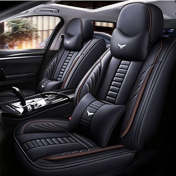 Niscarda for Volkswagen Taos Seat Covers 2022-2024, 3D Protection Faux Leather Seat Protector Car Interior Covers with 2 * Neck Pillow & 2 * Lumbar Support (Black and Coffee, Full Set)