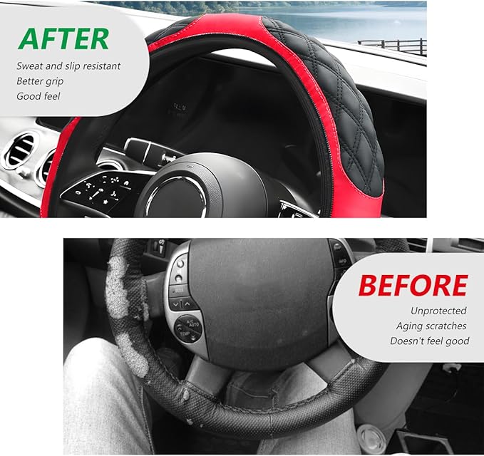 Car Steering Wheel Cover, 15 Inches Leather Steering Wheel Protector with Non-Slip Grip, Universal Wheel Covers Interior Decoration for Sedens Trucks SUVs, Car Accessories (Black & Red)