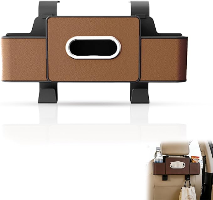 Car Organizers and Storage Box, Multifunctional Car Seat Back Storage Box with Tissue and Hook for Hold Phone Water Cup Handbag, Fits Most Vehicles (Brown,1PCS)