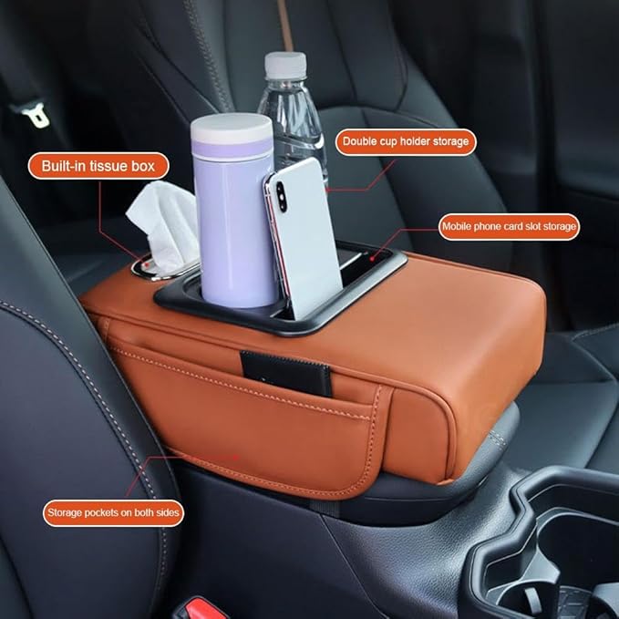 Car Armrest Cushion,5-in-1 Center Console Cover with 2 Storage Bags Cup Holder, Tissue Box Slot, Phone Slot for Car Sedans,Car Interior Accessories for Most Vehicle, SUV, Truck,Cars (Grey)