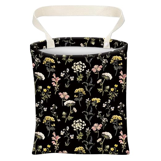 ABUIFDK Car Trash Can, Cute Car Trash Bag, Hanging Car Organizer and Storage Bag, Trash Bin for Car Accessories, Vehicle, Travelling, Camping Cute Black Flowers