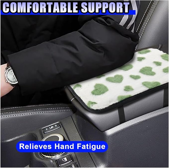 Furry Cow Print Armrest Cover for Car, Soft Plush Center Console Cushion Pad, Car Arm Rest Box Protector for Women Men, Universal Auto Decorative Accessories for Cars Trucks SUVs (Green)