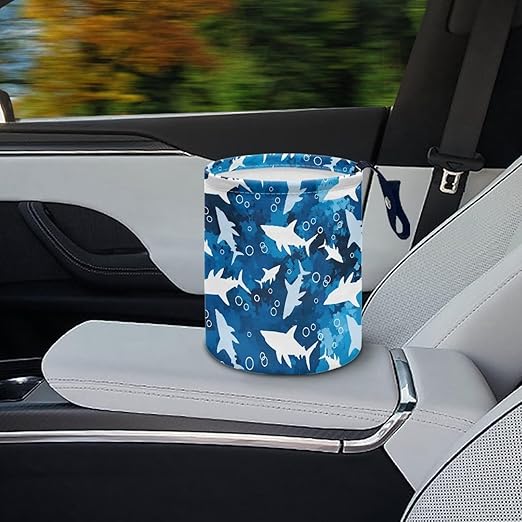 Blue Shark Car Trash Bin Hanging, Waste Basket - Cute, Portable, Collapsible, Waterproof Rubbish Bag for Back Seat, Floor, or Hanging Headrest