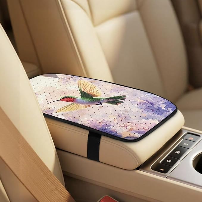 Qeluxign 5 Piece Car Seat Covers Full Set,Hummingbird Lavender Floral Front Seats Cover/Auto Seatbelt Shoulder Pads/Center Console Armrest Cover,Universal Car Accessories Men Women Gifts