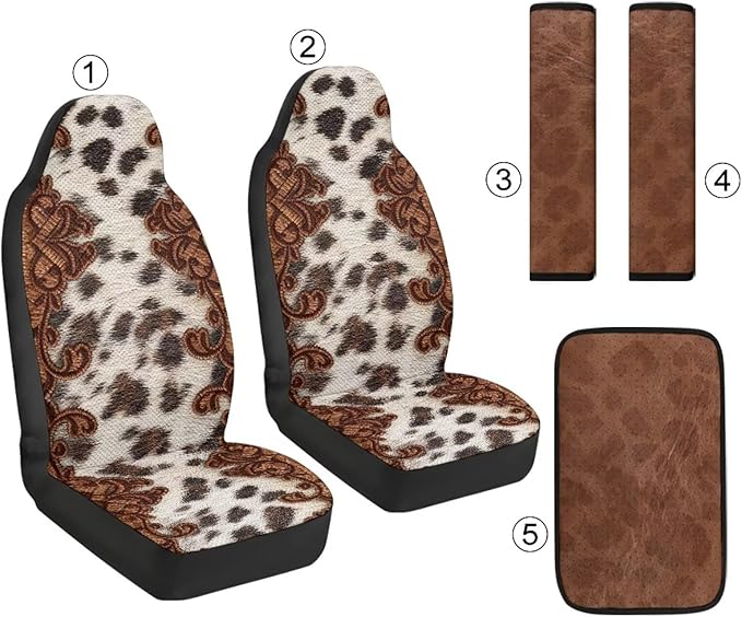 Psesaysky 5 PCS Car Accessories Interior Set for Men Women, Brown Cowhide Front Auto Seats Protectors with Seatbelt Pads, Middle Storage Organizer Pads