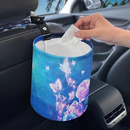 Blue Glowing Butterfly Car Trash Can, Cute Car Trash Bag, Vehicle Trash Can, Multipurpose Trash Bag Hanging, Portable, Collapsible, Waterproof Storage Bag for Cars
