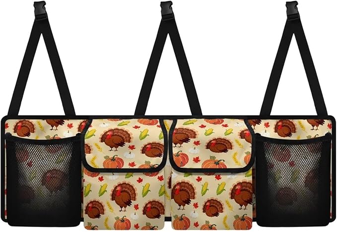 Thanksgiving Turkey Pumpkins Trunk Organizer, Collapsible Multi Pocket Car Organizer, Foldable SUV Storage Bag Car Accessories for Women Men, 3 Adjustable Straps