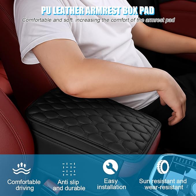 Car Center Console Cover, Leather Vehicle Armrest Cover Cushion with 2 Storage Bags, Automotive Interior Arm Rest Seat Box Pad Accessories, Universal for SUV Sedan Truck (Black)
