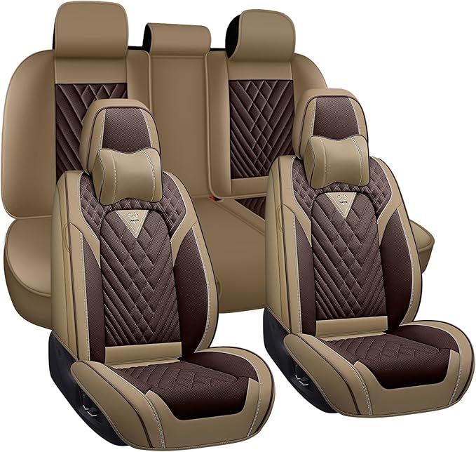 BYXN Car Seat Covers for Jeep Wrangler 2000-2026,Breathable Nappa Leather Car Seat Protector,Full Seat Cover with Pillow Automotive Seat Cushion with Airbag Compatible(5 Seats,Beige-Brown)
