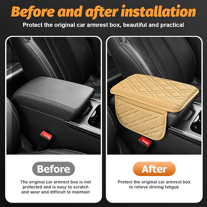Car Center Console Cover, Leather Vehicle Armrest Cushion Pad with 2 Storage Bags, Comfortbale Automotive Interior Middle Seat Box Protector Accessories, Universal Fit (Black)