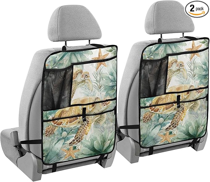 2 Pack Back Seat Car Organizer with Storage Pockets Kick Mats Back Seat Protector Hanging Car Organizer Automotive Seat Back Cover Organizers Sea Turtle Starfish Plants