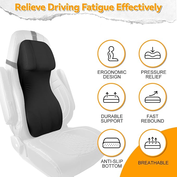 Lumbar Support Pillow for Car with Headrest, Memory Foam Integrated Lumbar Support Cushion for Neck and Back, Fits for Semi Truck Motorhome Van Pickup, Black